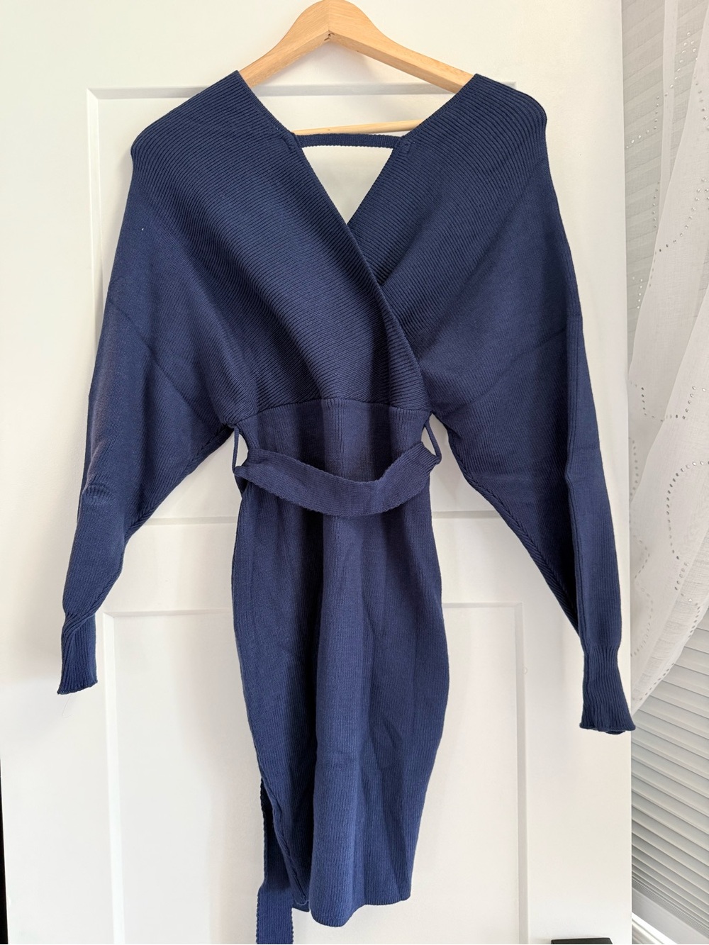 Navy blue sweater dress with belt